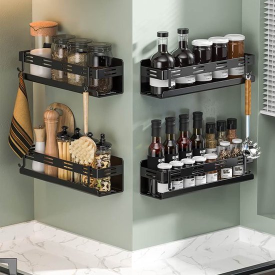 Unyqoos® Kruidenrek Organisator voor Aan de Muur met Afneembare Haken, Zonder Boren, 40 cm, Zwart