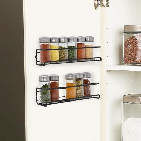 Unyqoos® Kruidenrek Set van 2 voor Muurmontage met Zelfklevende Haken en Schroeven, Zwart Metaal