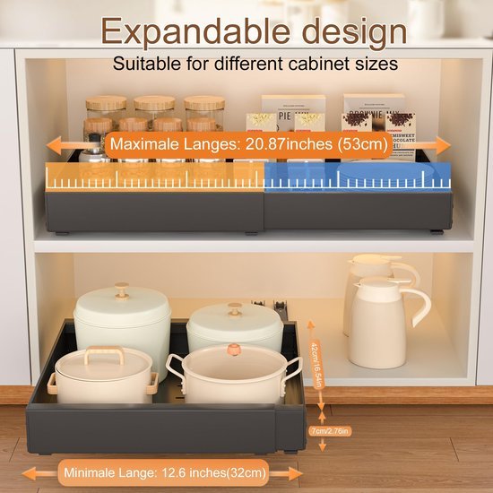 Unyqoos ® Verstelbare Telescopische Lade voor Keuken, Uittrekbaar Organizersysteem zonder Boren, Zwart, 32-53 cm Breedte