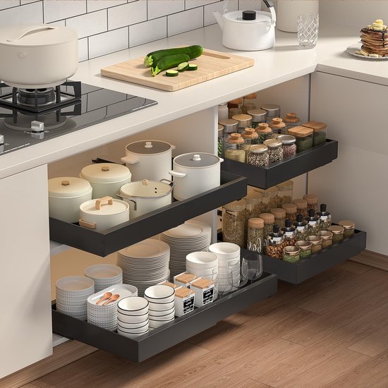 Unyqoos ® Verstelbare Telescopische Lade voor Keuken, Uittrekbaar Organizersysteem zonder Boren, Zwart, 32-53 cm Breedte