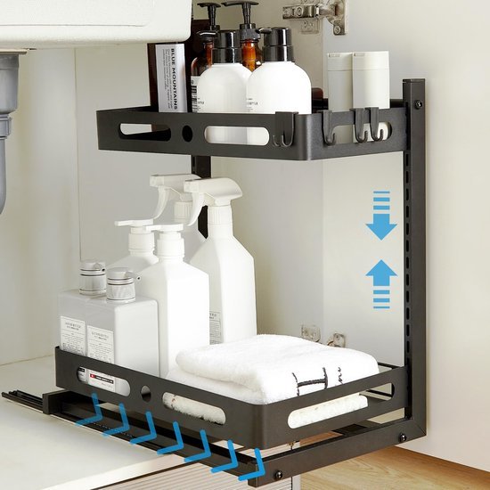 Unyqoos ® Verstelbare Uittrekbare Metalen Keuken- en Badkamerorganizer met Haken en Stille Glijbanen