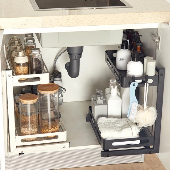 Unyqoos ® Verstelbare Uittrekbare Metalen Keuken- en Badkamerorganizer met Haken en Stille Glijbanen