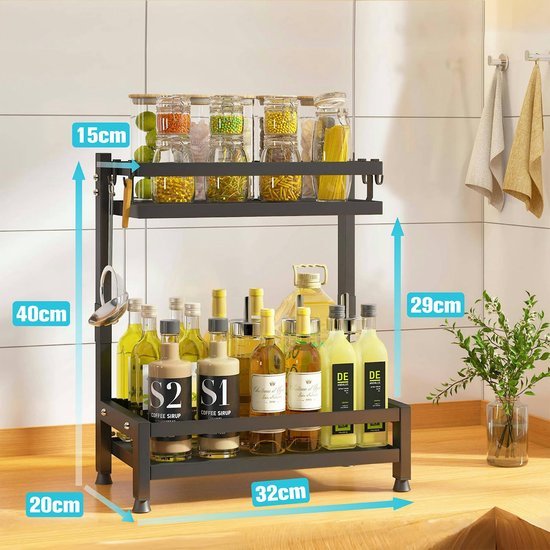 Unyqoos® Stijlvol Zwart Metalen Keukenrek met Haken voor Kruiden en Keukengerei