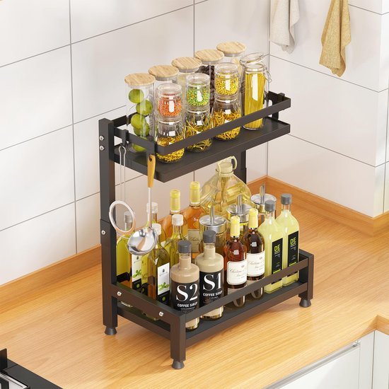 Unyqoos® Stijlvol Zwart Metalen Keukenrek met Haken voor Kruiden en Keukengerei
