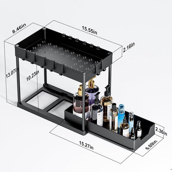 Unyqoos ® Handige Dubbele Keuken- en Badkamerorganizer met Schuifmand en Haken