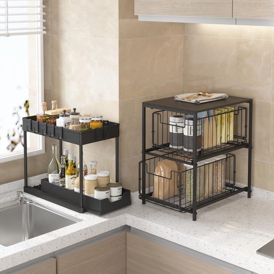 Unyqoos ® Handige Dubbele Keuken- en Badkamerorganizer met Schuifmand en Haken