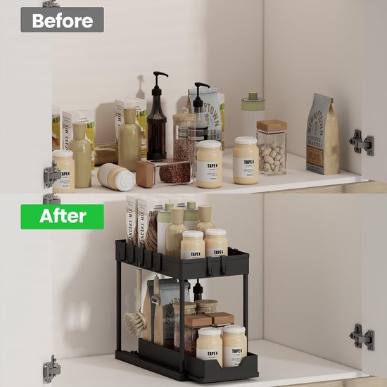Unyqoos ® Handige Dubbele Keuken- en Badkamerorganizer met Schuifmand en Haken