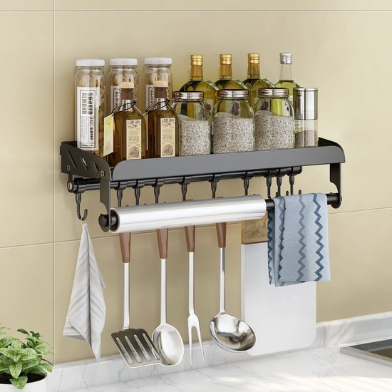 Unyqoos® Kruidenrek voor Aan de Muur met Keukenrolhouder en Multifunctionele Haken, Geen Boren Nodig