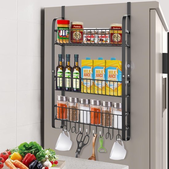 Unyqoos ® Multifunctioneel Hangend Keukenrek voor Koelkast met Drie Niveaus en 8 Haken