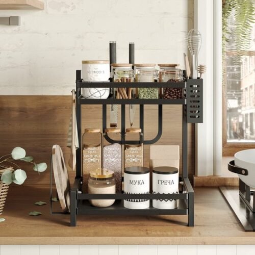 Unyqoos® Multifunctioneel Zwart Keukenrek met Twee Etages en Handige Accessoires