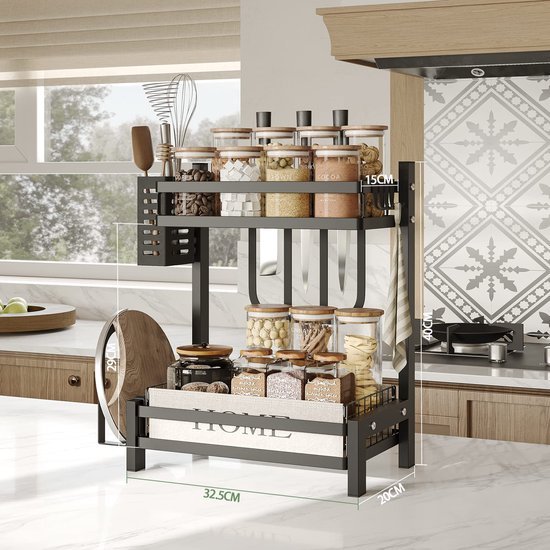 550x550-35623.jpg Unyqoos® Multifunctioneel Zwart Keukenrek met Twee Etages en Handige Accessoires