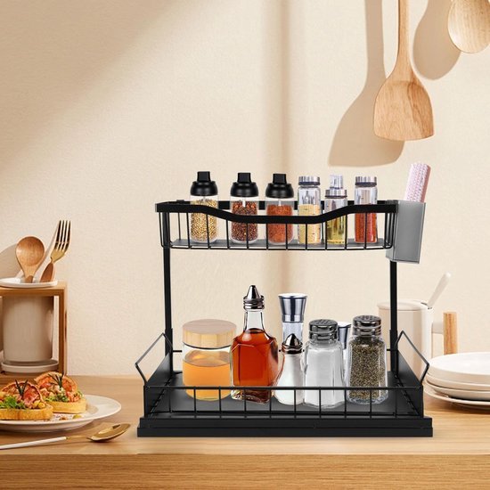 Unyqoos® Dubbel Laags Onderkast Organizer Met Uittrekbare L-Vorm Voor Keuken En Badkamer