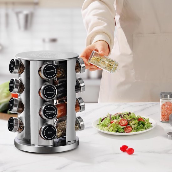 Unyqoos® Draaibaar kruidenrek met 20 glazen potjes en lasergegraveerde motieven