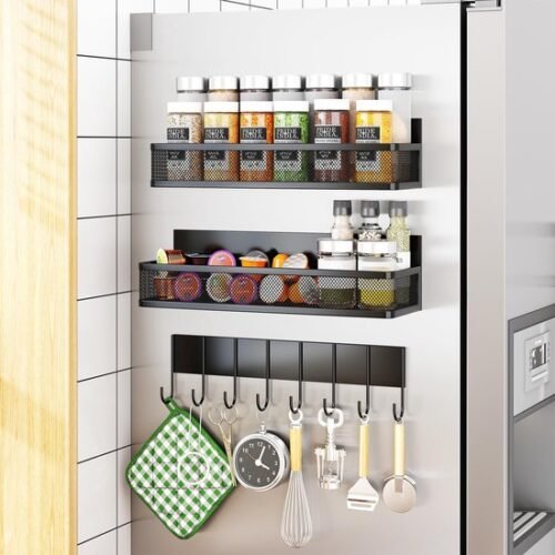 Unyqoos® Veelzijdige Magnetische Keuken- en Huishoud Organizer Set met 3 Planken en 8 Haken voor Efficiënte Opslag