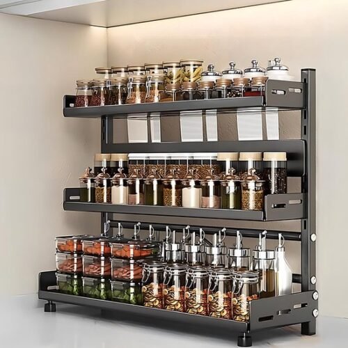550x550-35824.jpg Unyqoos® Stijlvol en Functioneel Staand Kruidenrek met Verstelbare Hoogte en Messengreep, 3 Etages, Zwart Metaal