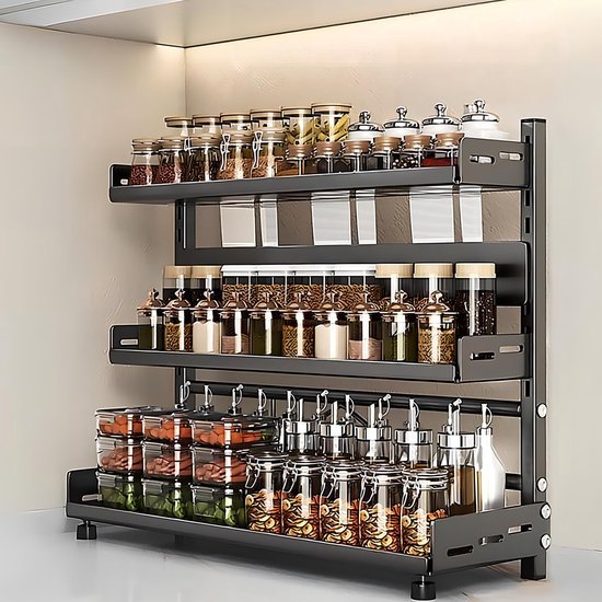 550x550-35824.jpg Unyqoos® Stijlvol en Functioneel Staand Kruidenrek met Verstelbare Hoogte en Messengreep, 3 Etages, Zwart Metaal