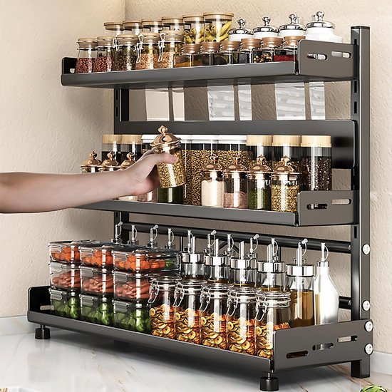 550x550-35828.jpg Unyqoos® Stijlvol en Functioneel Staand Kruidenrek met Verstelbare Hoogte en Messengreep, 3 Etages, Zwart Metaal