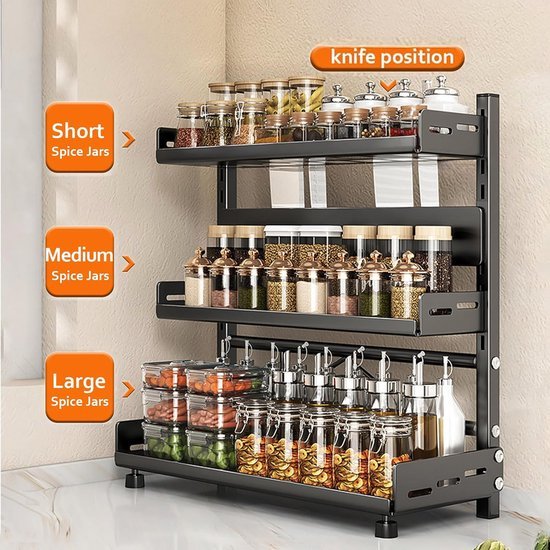 550x550-35830.jpg Unyqoos® Stijlvol en Functioneel Staand Kruidenrek met Verstelbare Hoogte en Messengreep, 3 Etages, Zwart Metaal