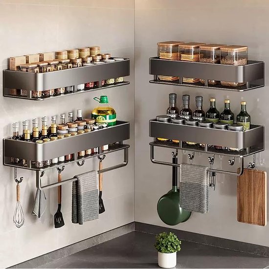 550x550-35901.jpg Unyqoos® Set van 2 metalen wandgemonteerde kruidenrekken met haken voor keukenorganisatie