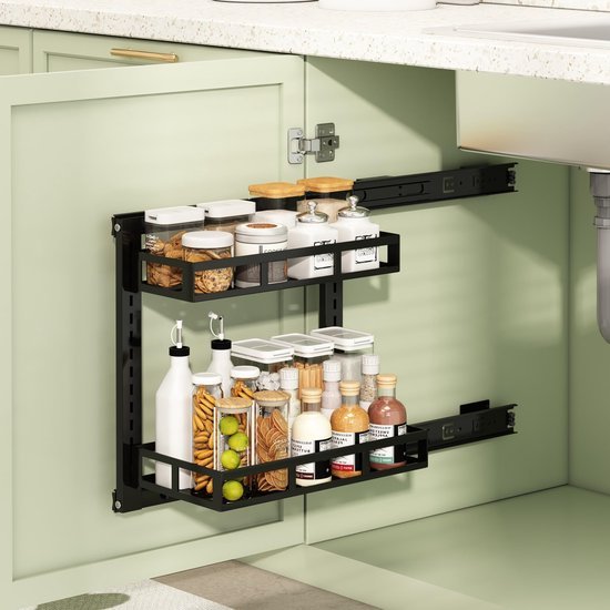 Unyqoos® Zelfklevende Dubbele Wandmontage Keukenkast Organizer met Verstelbare Hoogte en Dubbellaagse Schuifladenbak