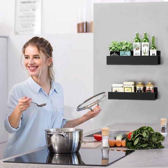 Unyqoos® Magnetische Keuken Organizer Planken voor IJzeren Oppervlakken, Kruidenrek Set van 2 Stuks in Zwart