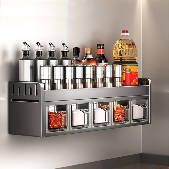 Unyqoos® Metalen kruidenrek voor aan de muur zonder boren met 5 transparante potjes