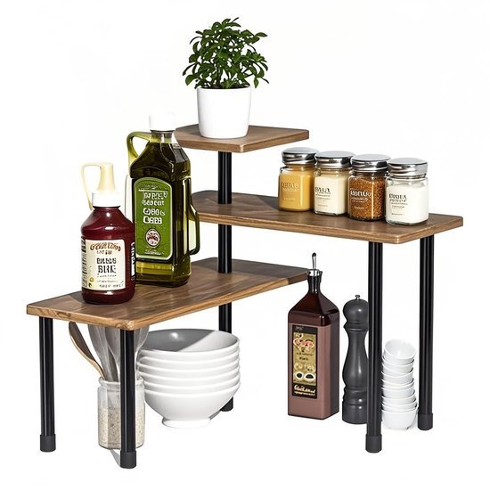 Unyqoos® Veelzijdig houten hoekrek met drie niveaus voor keuken en badkamer