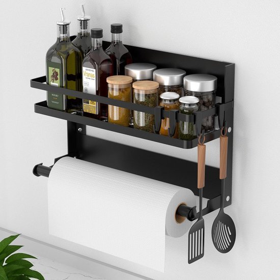 Unyqoos® Ruimtebesparend Zwart Wandrek met Keukenrolhouder en Haken voor Keuken en Badkamer