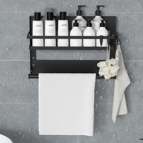 Unyqoos® Ruimtebesparend Zwart Wandrek met Keukenrolhouder en Haken voor Keuken en Badkamer