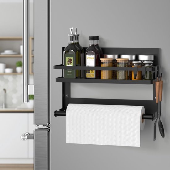 Unyqoos® Ruimtebesparend Zwart Wandrek met Keukenrolhouder en Haken voor Keuken en Badkamer