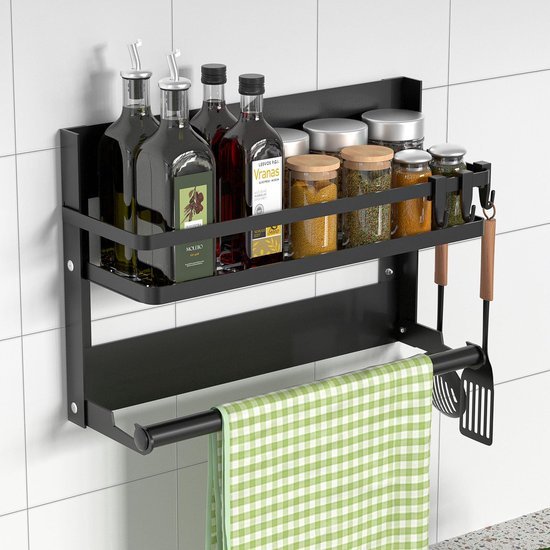 Unyqoos® Ruimtebesparend Zwart Wandrek met Keukenrolhouder en Haken voor Keuken en Badkamer