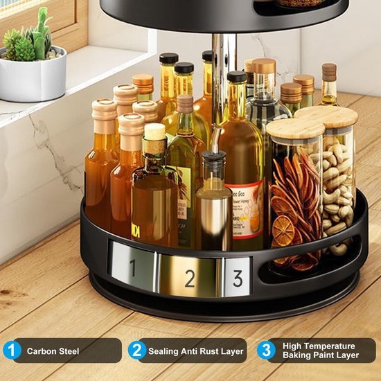 Unyqoos® Roterend Keukenrek en Organizer in Zwart Roestvrij Staal voor Kruiden en Meer