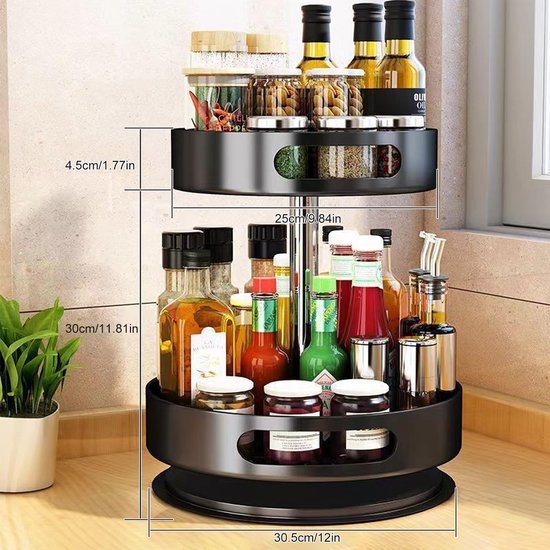 Unyqoos® Roterend Keukenrek en Organizer in Zwart Roestvrij Staal voor Kruiden en Meer