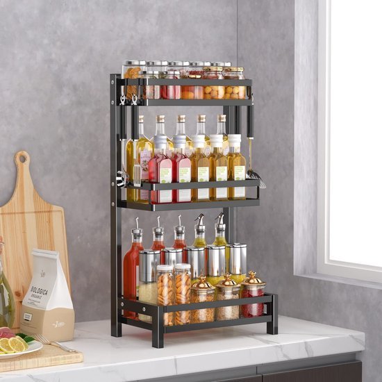 Unyqoos® Stijlvol en ruimtebesparend zwart kruidenrek met drie niveaus voor keuken