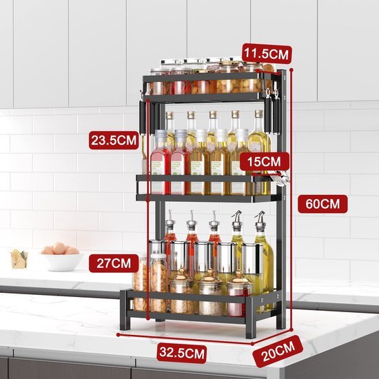 Unyqoos® Stijlvol en ruimtebesparend zwart kruidenrek met drie niveaus voor keuken