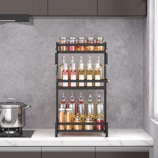 Unyqoos® Stijlvol en ruimtebesparend zwart kruidenrek met drie niveaus voor keuken
