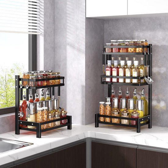 Unyqoos® Stijlvol en ruimtebesparend zwart kruidenrek met drie niveaus voor keuken