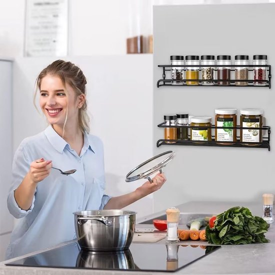 Unyqoos® 2-delige Set Zwart Metalen Kruidenrek voor Muurmontage zonder Boren met Zelfklevende Haken en Schroeven