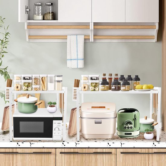 Unyqoos® Uitbreidbaar Keukenrek met Twee Lagen en Haken voor Organisatie