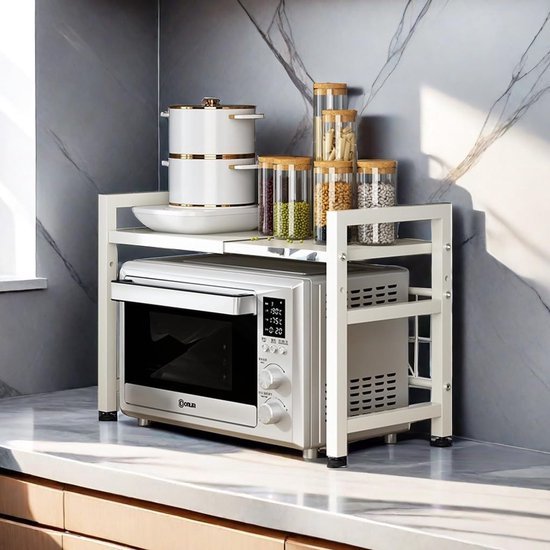 Unyqoos® Uitschuifbaar keukenrek met twee niveaus en haken voor extra opbergruimte