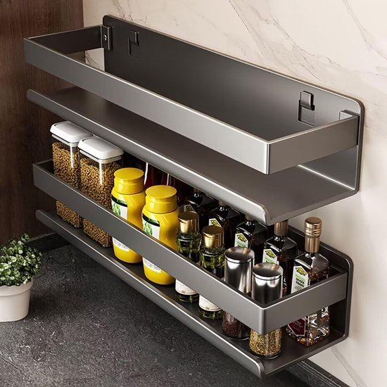 Unyqoos® Kruidenrek zonder boren voor muurmontage, multifunctionele kruidenhouder, zwart, 30 x 10 x 8 cm