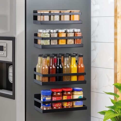 Unyqoos® Krachtige Magnetische Kruidenrek Set voor Optimaal Keukenbeheer - 4 Stuks Zwart