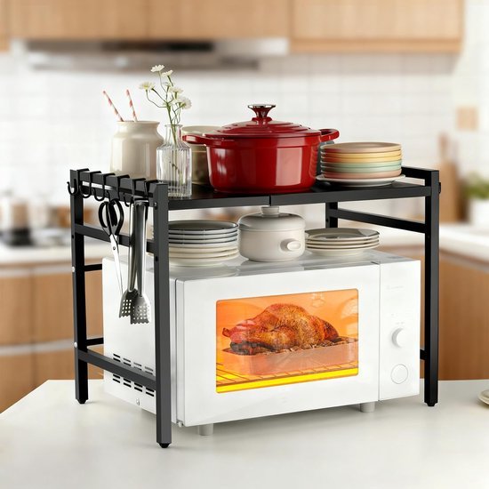 Unyqoos® Verstelbaar keukenrek zonder boren voor magnetron en oven met haken