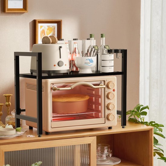 Unyqoos® Verstelbaar en Uitbreidbaar Keukenrek voor Magnetron met Haken, Zwart, Hoogte en Lengte Instelbaar