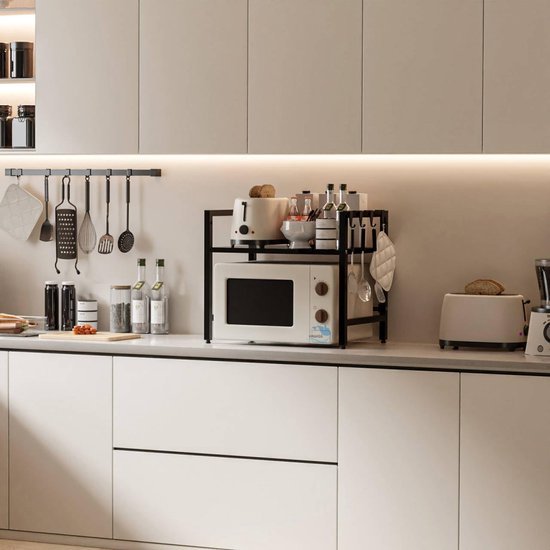 Unyqoos® Verstelbaar en Uitbreidbaar Keukenrek voor Magnetron met Haken, Zwart, Hoogte en Lengte Instelbaar