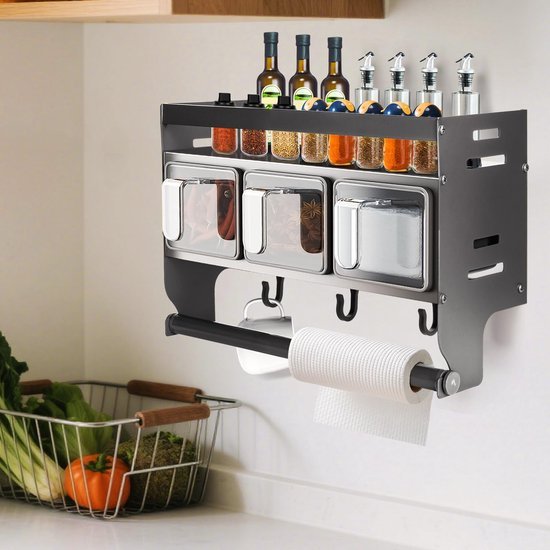 Unyqoos® Metalen hangend kruidenrek met keukenrolhouder en drie kruidenboxen
