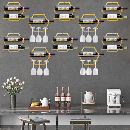 Unyqoos® Goudkleurige wandgemonteerde wijnhouder met ruimtebesparend design voor thuis