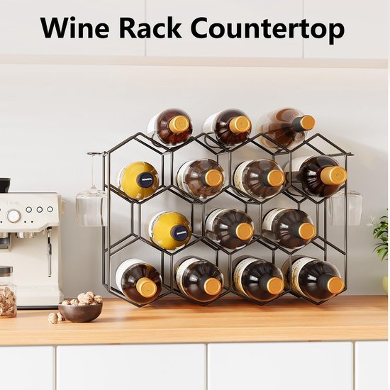 Unyqoos ® Stijlvol Metalen Wijnrek voor 14 Flessen met Glazenhouders, Zwart Honingraat Design