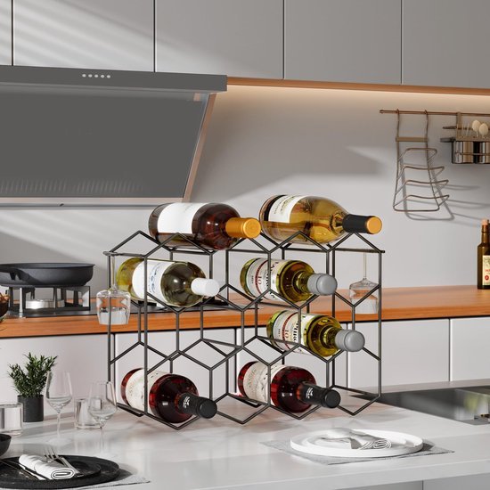 Unyqoos ® Stijlvol Metalen Wijnrek voor 14 Flessen met Glazenhouders, Zwart Honingraat Design