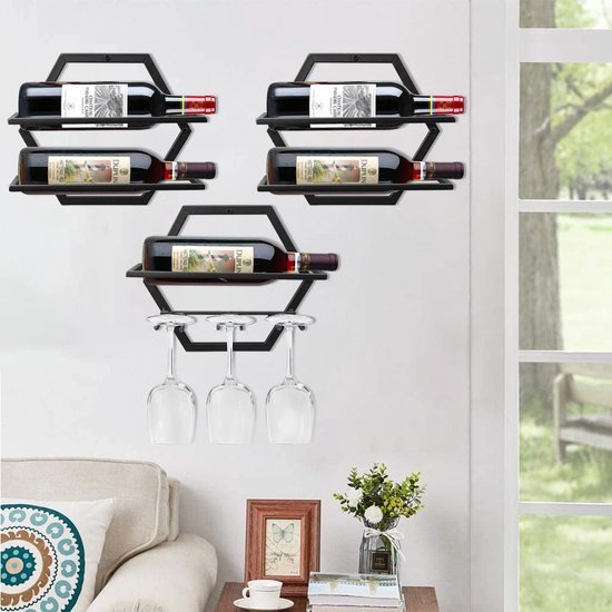Unyqoos® Stijlvol metalen wandrek voor wijnflessen en glazen met ruimtebesparend ontwerp